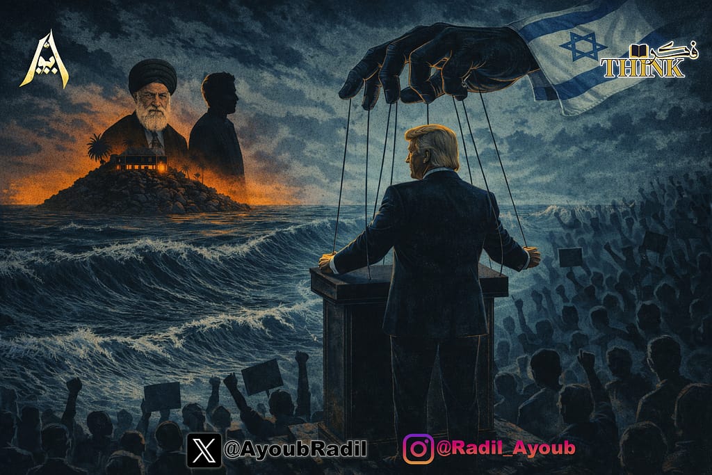 ترامب كدمية بخيوط تحركها يد تحمل علم إسرائيل، وخلفه موجة احتجاجات وجزيرة مظلمة ترمز لابتزاز الملفات وصنع قرار الحرب
