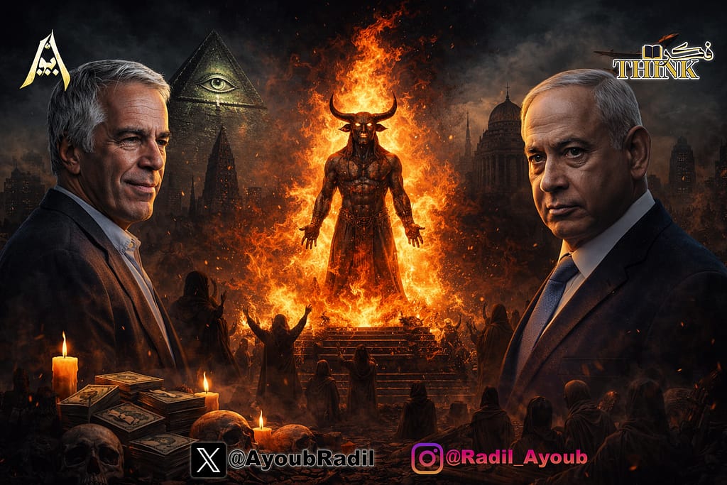 مشهد رمزي لبعل وسط ألسنة النار مع شخصيتين تشبهان إبستين ونتنياهو وعناصر توحي بالطقوس والمال والحرب في خلفية مظلمة.