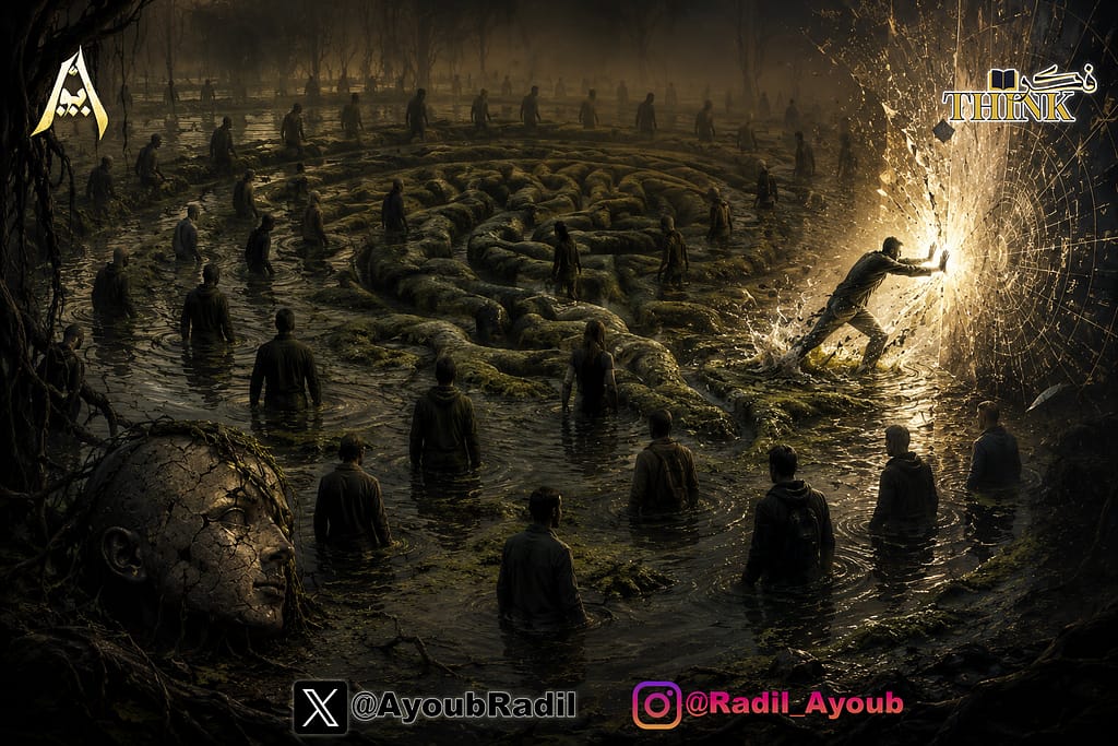 لوحة سريالية لأشخاص غارقين في مستنقع راكد يشكل متاهة على شكل دماغ بشري، مع رأس حجري متصدع ورجل يحاول اختراق جدار من الضوء المشع، إنه الجمود المتحرك