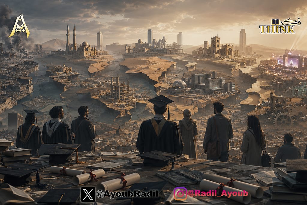 صورة رمزية تعبر عن أزمة النخبة العربية بين كثرة الشهادات وغياب المشروع الحضاري، مع مشهد مدن عربية متصدعة وخريجين يواجهون أفقا ضبابيا.