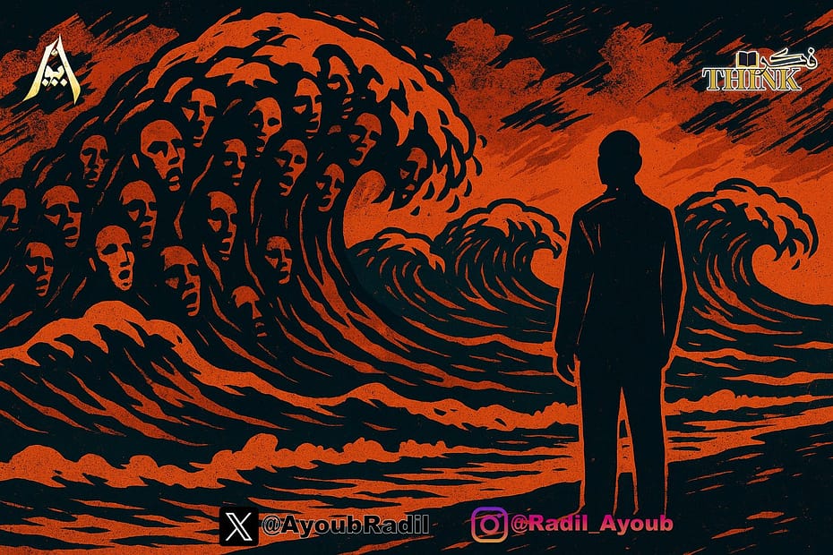 رجل يقف على الشاطئ أمام أمواج هائجة تتشكل منها وجوه بشرية، تعبير رمزي عن الغوغائية وهيجان الجماهير.