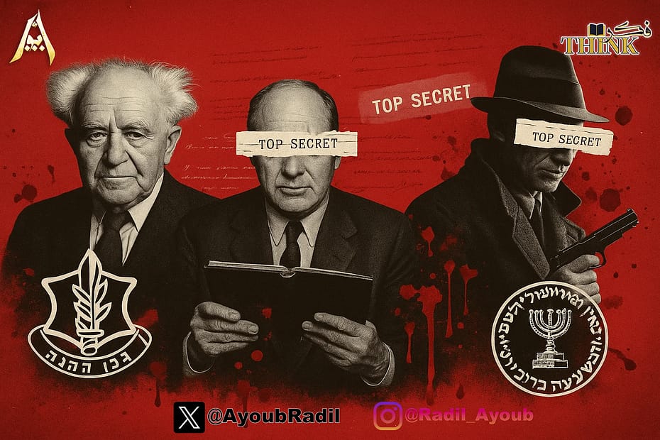صورة رمزية عن تاريخ الاغتيالات السياسية في الفكر الصهيوني، تضم بن غوريون، الموساد، والهاغانا بأسلوب بصري سري ومشحون بالأحداث التاريخية.