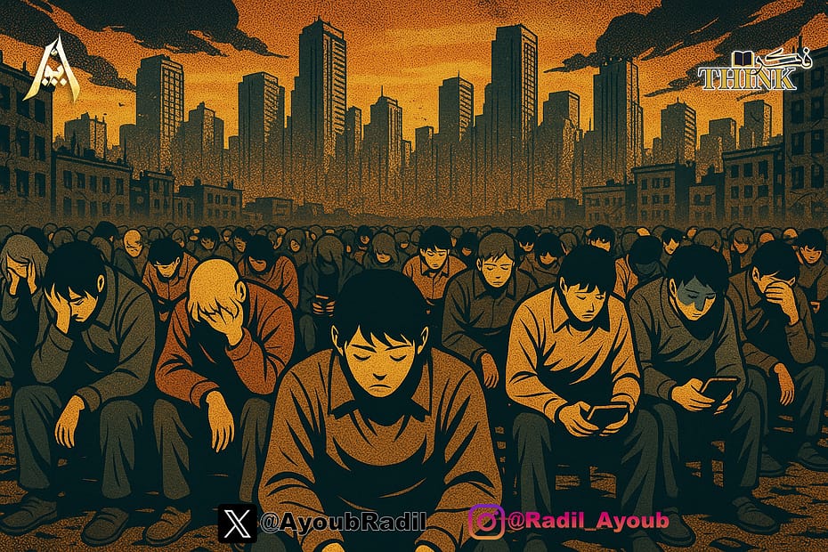 مجموعة من الناس بوجوه منكسرة داخل مدينة مدمرة في مشهد ديستوبي يعكس مفهوم البؤس الطوعي في المجتمعات.