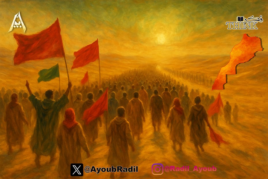 لوحة فنية تُجسّد المسيرة الخضراء، يسير فيها المغاربة في الصحراء تحت ضوء ذهبي دافئ يوحي بالتحرّر والوحدة والكرامة.