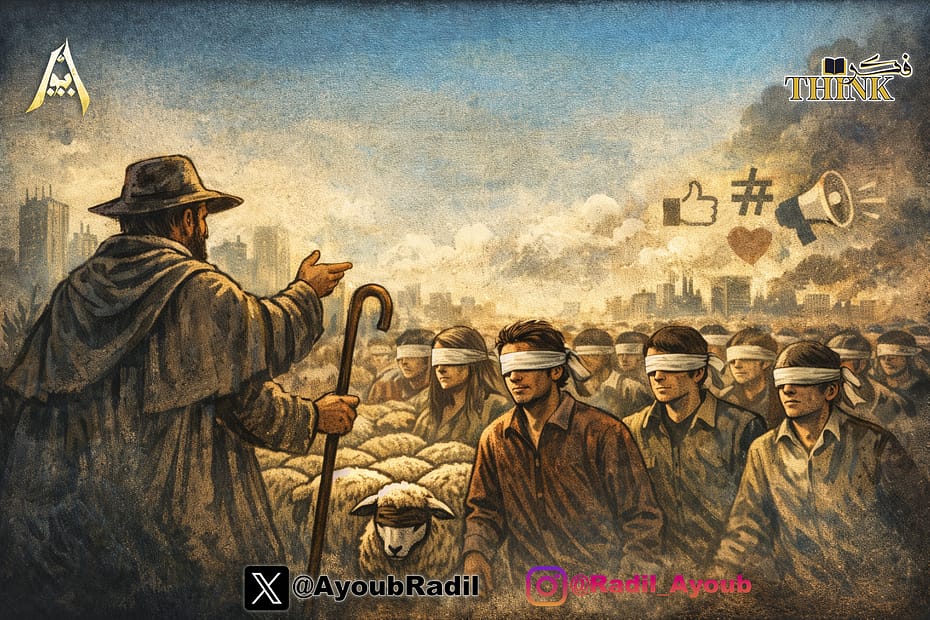 لوحة تعبيرية لراعي يوجه حشداً من الأشخاص معصوبي الأعين بختوم معدنية، مع تطاير رموز وسائل التواصل في خلفية ضبابية.