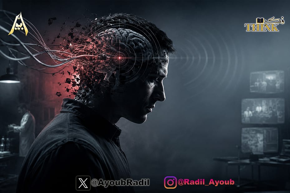 صورة تعبيرية عن اختراق العقول والحروب النفسية، يظهر فيها إنسان تتداخل في دماغه موجات رقمية ورموز مراقبة في جو مظلم يوحي بالتحكم في الوعي.