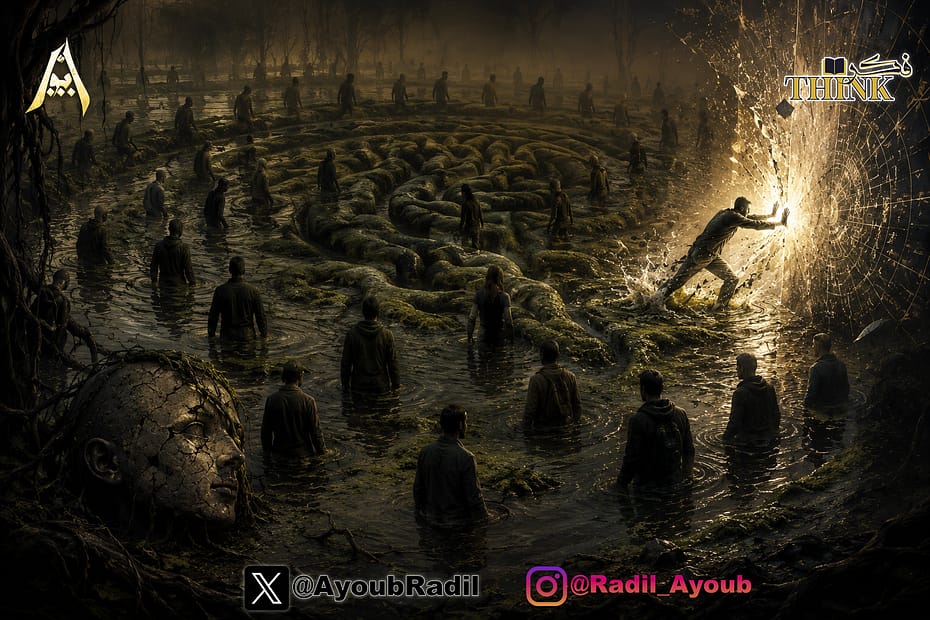 لوحة سريالية لأشخاص غارقين في مستنقع راكد يشكل متاهة على شكل دماغ بشري، مع رأس حجري متصدع ورجل يحاول اختراق جدار من الضوء المشع، إنه الجمود المتحرك